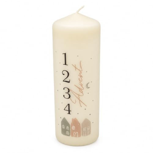 Adventskerze mit winterlichen Motiv Stumpfkerze Spruch Advent mit Zahlenmotiv Weihnachtsdeko (Häuser)