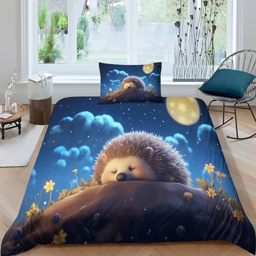 Niedlicher Igel Kinder Bettwäsche Print Mikrofaser Bettbezug Mit Kopfkissenbezug, Jungen Teens Bettwäsche Set Kinder Erwachsene, Weich Haltbar Atmungsaktive Single（135x200cm）