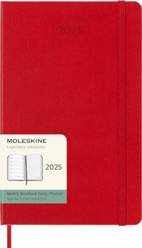 Moleskine Weekly Planner, WochenPlaner mit Platz für Notizen für 12 Monate 2025, Fester Einband und Elastischer Verschluss, Farbe ScharlachRot, GroßesFormat 13x21