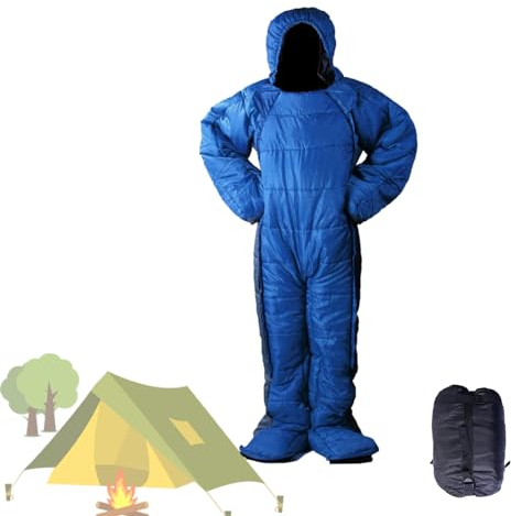 Schlafsack Outdoor Leicht und Warm für Erwachsene Trekking Menschlicher Schlafkleidung mit Füßen und ärmeln Reise 3 Jahreszeiten Tragbarer Wandern bequemer Schlafsack für Damen Herren (M)