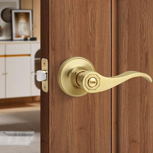 Moquin Brushed Gold Wave Design Privacy Door Lever Without Keys, Reversible Door Handle for Right/Left Side Bathroom/Bedroom Door Lock in Satin Brass Finish