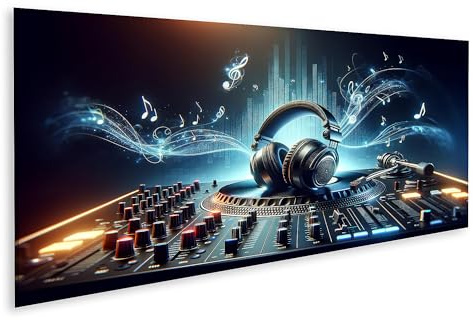 islandburner Bild auf Leinwand Zukunftsmusik im Digitalzeitalter Leuchtende Kopfhörer auf DJ-Pult Bilder Wandbilder Poster