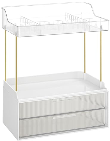 SONGMICS Organisateur de Maquillage à 4 Niveaux, Rangement de Soins, 4 Séparateurs, Organisateur de Tablettes de Salle de Bain, Coiffeuse, Chambre, Cuisine, 20 x 32 x 39,1 cm, Transparent JKA021W02