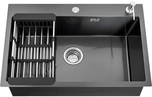 OUUTMEE Fregadero de cocina grande de acero inoxidable rectangular con cesta colador plegable, 68 x 45 cm, acero inoxidable con sifón