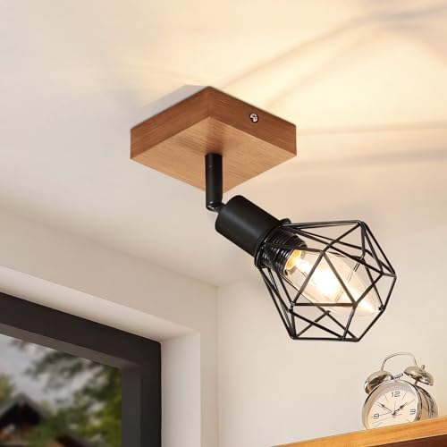 Glitzerlife Deckenstrahler 1 Flammig Schwarz Deckenspot - Holz Deckenlampe E14 Vintage Metall Schwenkbar 350° Innen Deckenleuchte MAX.40W für Flur Wohnzimmer Schlafzimmer Küche (ohne Leuchtmittel)