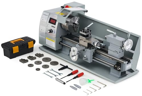 CREWORKS 750W Mini Torno de Metal, 210x400mm Torno para Metal de Sobremesa con Pantalla Digital, Máquina de Torno de Metal con Máx. Velocidad 2500RPM, Torno para Metal para Roscar, Tornear