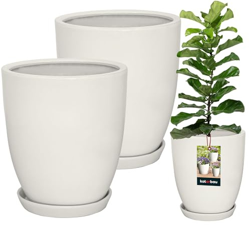 Juego KOTARBAU® de 2 macetas con platillo blanco ⌀ 26 cm Altura: 28 cm Maceta cerámica vidriada Maceta grande de cactus con platillo maceta con pano maceta