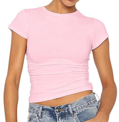 Angxiwan Womens Summer Tops Women’s Short Sleeve Round Neck Crop Top Tee Shirt Basic Solid Tight Slim Fit Cropped Shirt Workout Yoga Polka Dot Shirt Womens Pink