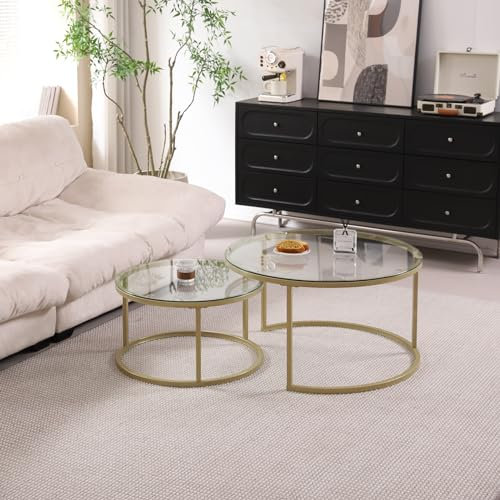 TTATC Lot de 2 Tables Gigognes Rondes avec Pieds en Métal, Plateau en Verre Transparent, Table Basse Moderne 60 * 40, Pied Doré