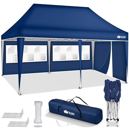 tillvex Pavillon 3x6m wasserdicht | Pop-Up Faltpavillon höhenverstellbar | Gartenzelt UV Schutz 50+ | Partyzelt mit Tasche für Garten (Blau - mit 3 Seitenteilen)