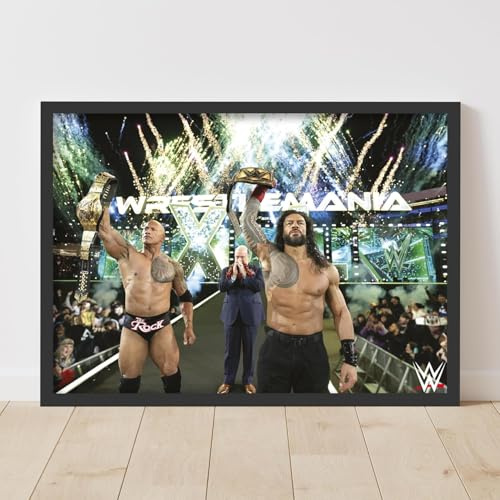 WWE Print – The Rock and Roman Reigns WrestleMania Win Poster Wrestling Wandkunst (21 cm x 29,7 cm – A4)
