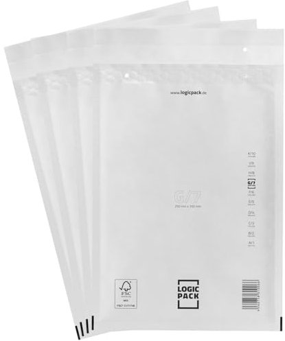 LOGIC PACK 1000 Luftpolsterumschläge Versandtaschen Luftpolster G7 250 x 350 mm Weiß, Luftpolstertaschen Haftklebend Gepolsterte Briefumschläge Premium Umschläge Polsterumschläge geeignet für DIN A4