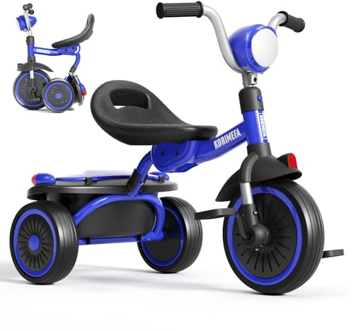KORIMEFA Kinderdreirad, Klappbares Kleinkind-Dreirad mit Reflektor, Verstellbarer Sitz für Jungen und Mädchen ab 1 Jahr Baby Dreirad (Blau)