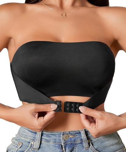 Varsbaby Soutien-Gorge Bandeau Femme sans Bretelles, Anti-dérapant Silicone, Brassière Tube Élastique sans Rembourrage(D452-Black-XL)