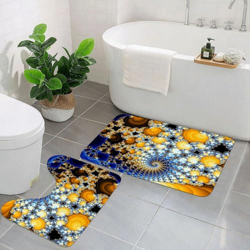 EYLOZS Badezimmerteppich Set 2 Teilig Waschbar rutschfeste Badematte Toilettenmatte Weich Saugfähige Badteppiche,Fraktale Blaue gelbe Tiefe Spiralwand