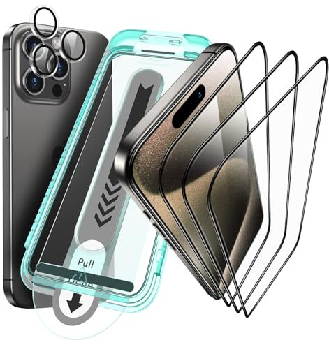 ESR Protector Pantalla para iPhone 15 Pro, Armorite Cristal Templado Ultrarresistente, Marco para una fácil instalación, 3 Piezas con 1 Juego de protección Individual para cámara