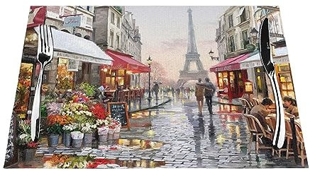 Tischset mit Ölgemälde, Motiv: Paris, Eiffelturm, Kreuzgewebe, Vinyl, gewebte Tischsets, rutschfeste Isolierung, waschbare Tischsets