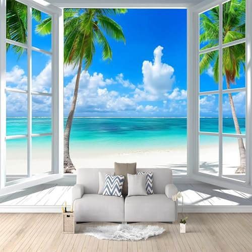 Papier Peint Panoramique Mer Paysage Marin Fenêtres Tropical 250x175 cm Poster Geant Mural 3D, Tapisserie Photo Peinture Murale, Papier Peint Intissé Fresque pour Salon Chambre Toile Fond TV
