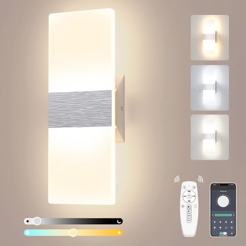 Sytmhoe Applique Murale Chambre Salon 12W Dimmable CCT Modifiable Avec Télécommande, Design App Acrylique Brossé Aluminium Moderne Argent Led Pack Mural Intérieure Lampe Pour Escalier Cuisine Hôtel