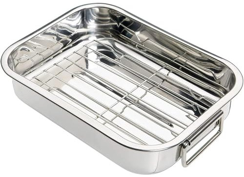 GSV Essentials Roasting Tin Tray, Stainless Steel Rack, Cooker Grill Rack, Roaster Oven, Attractive Design, Roasting Rack with Removable Grill, Quick and Easy, (Large 37X28X5.5CM)