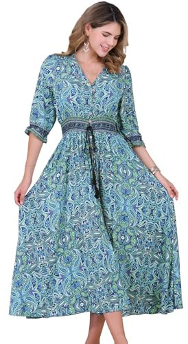 Allegra K Women's Boho Floral Maxi Dress Half Puff Sleeve V Neck Smocked Waist Summer Beach Flowy Dresses Blue M