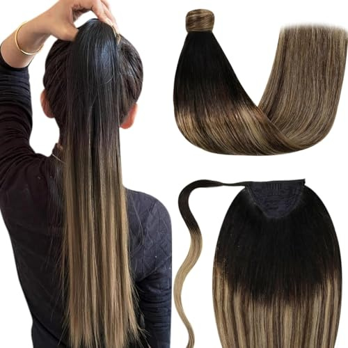 LaaVoo Echthaar Pferdeschwanz Extensions Ombre Braun Haar Zopf Extensions Echthaar Schwarz Ombre Braun Balayage Karamellblond Pferdeschwanz Haarteil Echthaar Natürliche 45cm #1b/4/27 80g