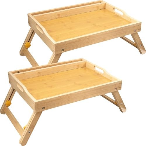 2 Pack Bamboo Bed Tray Table with Folding Legs & Handles, Breakfast Food Bed Trays with Phone Tablet Holder, Wooden Foldable Bed Tray Table for Sofa Serving Eating Drawing Working Laptop