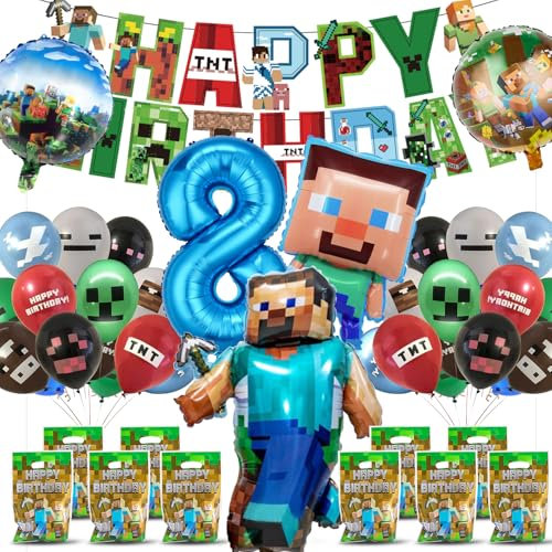 Fizdoqg Miner Gamer - Juego de decoración de cumpleaños para niños, 8 años, decoración de fiesta de cumpleaños, decoración de cumpleaños con pancarta de globos de aluminio y bolsas de regalo para