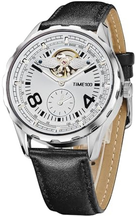TIME100 automatik Uhr Herren,Wasserdicht Leuchtzeiger Pilot Serie Angel Wing Business Schwungrad Uhr,mechanisches Uhrwerk Herren Armbanduhren Leder/verstellbares Silikonarmband Skelett