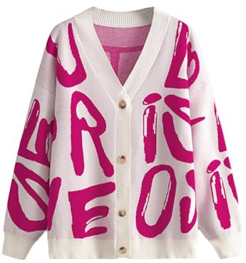Generisch Boîte à bijoux Lettre Jacquard Pull Cardigan Femmes 2023 et Hiver Femmes Simple Boutonnage Manches Longues Pull Extérieur Femmes Gilet Tricot Avec, Rose, taille unique