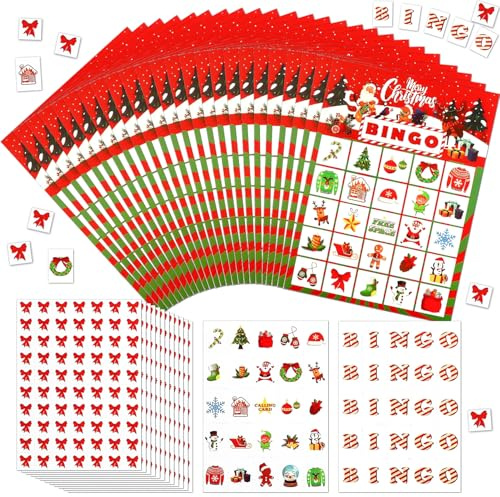ZDNT 32 Stück Spieler Weihnacktskarten Bingo,Weihnachts Bingo Spiel für 32 Spieler,Weihnachten Kartenspiel,Christmas Bin-go Spiel Karten für Familie,Schule Klassenzimmer Spiele,Winter Partyzubehör