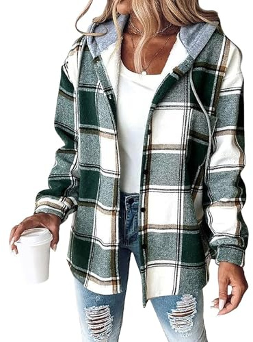 Women's Plaid Button Down Fleece Lined Hooded Jackets Warm Coat, Boyfriend Loose Shirt Jacket Fall 2025. (Green,M)