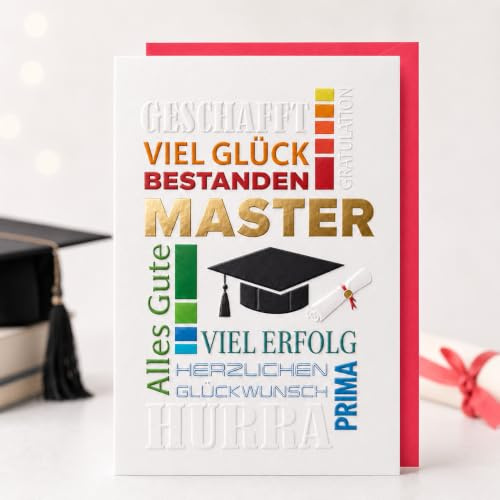 Michel Verlag Glückwunsch zum MASTER Abschluss. Hochwertige Klappkarte inkl. Umschlag. 12x17cm, Grußkarte Studium beendet – Geschenkidee Abschlussprüfung Universität, Made in Germany! (Gold-Letters)