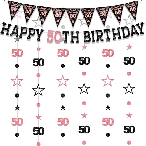 50th Birthday Decorations Banner Garland - 8 Pcs Black Rose Gold Letter Triangle Flag Banners Number 50 Star Glitter Garlands Party Kit for Women Happy 50 Years Old Birthday Decoration Supplies