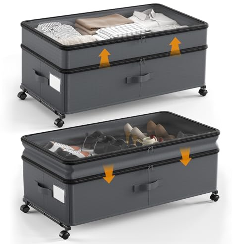 Ovshnrr 70L Under Bed Storage with Wheels, 2 Pack XXL Underbed Storage Drawers, Adjustable 10in High Closet Organizers with Lid, Large Under bed Drawers for Clothes, Shoes, Blankets, Toys