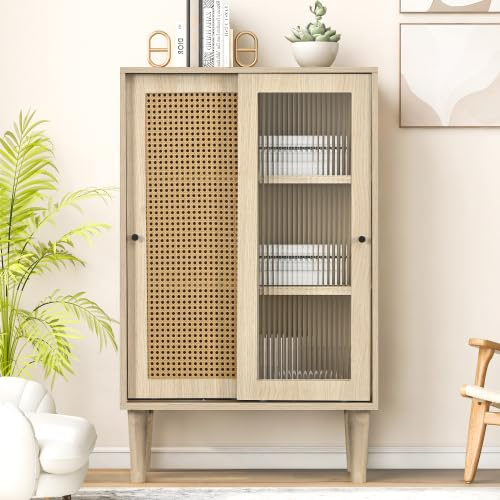 Merax Buffet - Commode à 2 portes coulissantes et 6 compartiments - Meuble de rangement multifonction en bois avec étagères réglables - 100 cm de haut - Chêne