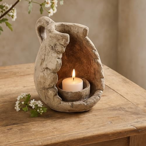 STUWU Schwerer Deko-Krug Windlicht aus Keramik – rustikaler Blumentopf im Shabby-Chic & Landhausstil – für Stumpenkerzen Ø bis 4 cm – liebevoll dekorierbares Wohn-Accessoire