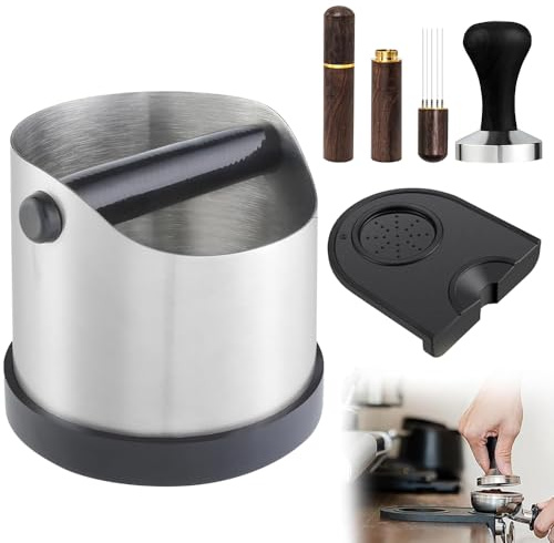 Lotvic Coffee Knock Box, 700ML Stainless Steel Coffee Grounds Knock Box with Tamping Mat, Coffee Tamper and Distribution Tool, Non-Slip and Shock-Absorbent Coffee Knock Box with Removable Bar (4 Pcs)