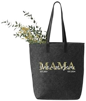 WriteFusion Personalisiert Filztasche Mama mit Namen und bis zu 3 Jahreszahlen Robuster großer Shopper Nachhaltige Geschenk-Tasche Filz-Beutel Einkaufstasche Strandtasche