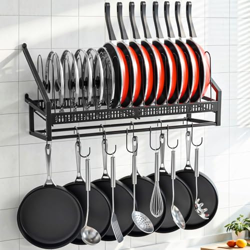 Housolution Pan Rack Wall Mounted, 63cm Vertical Lid Organiser with 14 Adjustable Dividers, Heavy Duty Hanging Cookware Holder Hanger with 6 S-Hooks & 6 Vertical Hooks