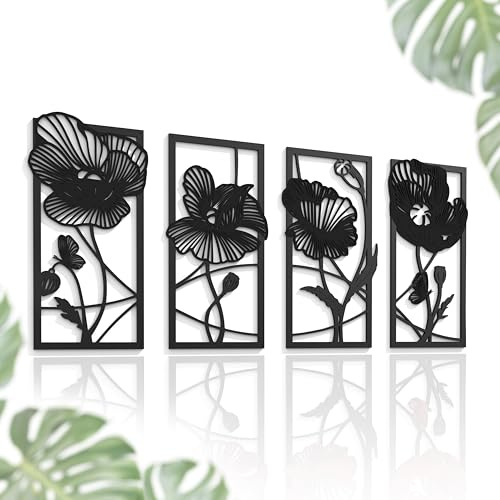 Outentin 3D Holz Wandbild Set – Moderne Wanddeko aus Holz 5mm – Wandkunst & Wandskulptur für Wohnzimmer, Schlafzimmer & Büro – Abstrakte, Boho & Zeitlose Holzdeko (88x43 cm, Schwarze Mohnblumen)