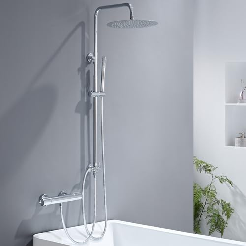 Auralum Colonna Doccia con Miscelatore Termostatico, Colonna Doccia Acciaio Inox da Muro con Saliscendi Doccia Altezza Regolabile 72-110cm, Asta Doccia con Soffione ∅30cm e Doccetta per Vasca Bagno