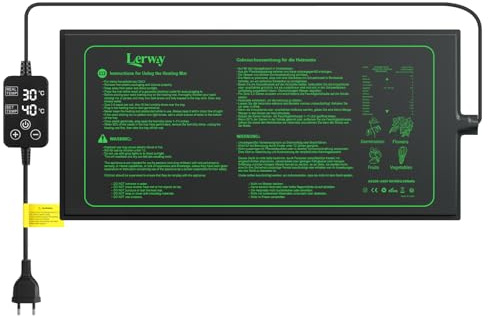 LERWAY Tappetino riscaldante per piante con termostato, 30 W, IP67, impermeabile, 25 × 52 cm | Regolazione digitale della temperatura 0-50 °C, pellicola riscaldante uniforme, ideale per serra, coltivazione e terrario