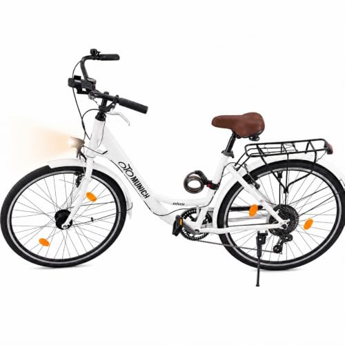 oToMUNICH Plus Spotless White 28 Zoll Fahrrad, Shimano 7-Gang City-Bike Tiefeinsteiger mit Stahlrahmen, Nabendynamo 60 Lux LED Frontlicht, mit Tracker, Fahrradcomputer, Handyhalterung und Gepäckträger