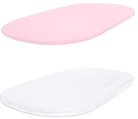 Dudu N Girlie Moses Basket Sheets 67 x 30 cm Cotton | Cradle Fitted Sheets Jersey Soft Bassinet Bedsheet Hypoallergenic Elasticated Breathable Pram Fitted Sheets (Pack of 2, White & Pink)