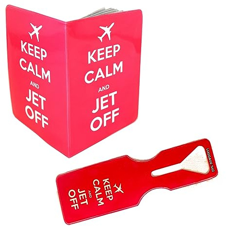 (30+ Designs) Passport Cover Holder Protector Wallet Case Mens Womens for Travel Holiday & Luggage Tag Options (Keep Calm Jet Off Pink 1 Luggage Tag + Cover)