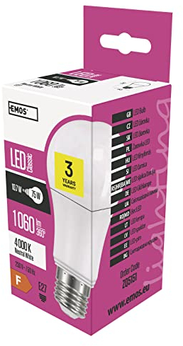 EMOS LED Lampe Classic A60, 10,7W Ersatz für 75W Glühbirne, E27 Sockel, Helligkeit 1060lm, Neutralweiß 4000 K, 30000 Stunden Lebensdauer, CRI min. 80, 180° Abstrahlwinkel, 6 x 6 x 12 cm