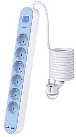 6-Wege-Steckdosenleiste mit Beleuchtungsschalter und 2 USB-Steckdosen (5 V / 2,4 A, 12 W) mit Überstromschutz, 1,5 m Kabellänge,3680W - Blau