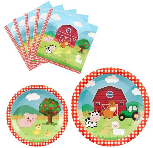 WERNNSAI Farm Party Plates Napkins Set- 48PCS Barnyard Farm Animals Tableware Party Supplies for Kids Birthday Disposable Dinnerware Dessert Plates Luncheon Napkins Serves 16 Guests