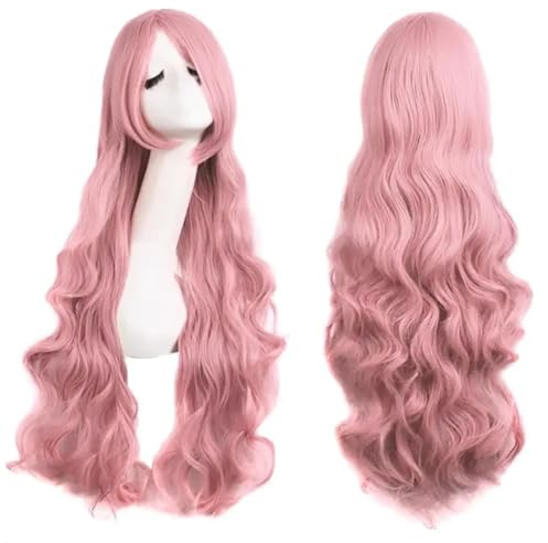 Colorfulpanda Rosa Perücke mit Pony Natürliches Synthetisches Haar Lange Gewellt Lockige Perücken für Frauen Mädchen Halloween Party kostüm Cosplay Tragen 32 Zoll 80cm,perucke damen pink
